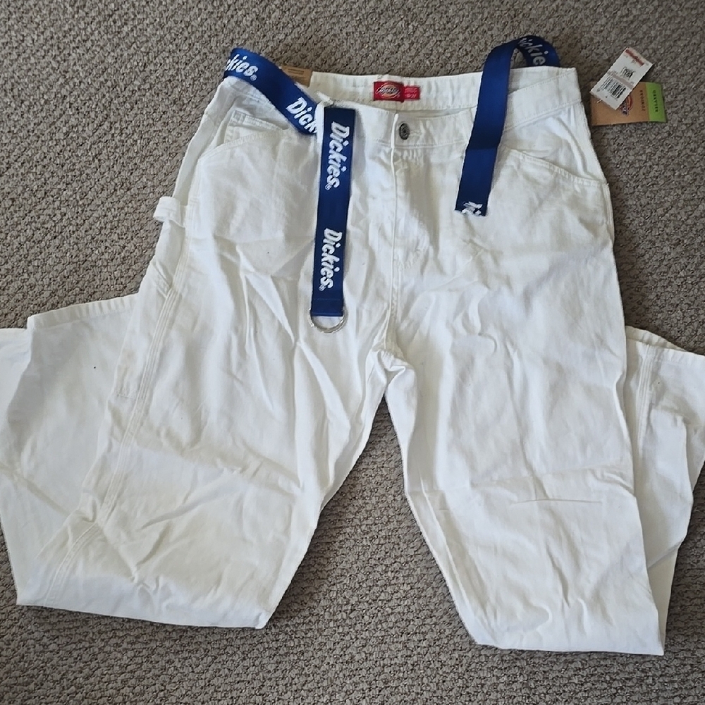 Dickies White Work Pants with Blue Suspenders